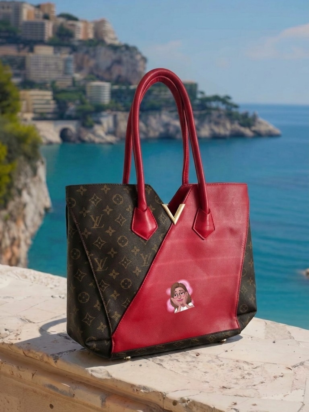 Red and Brown Monogram Leather Tote